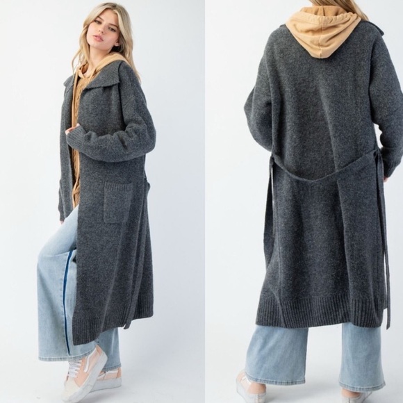 4199. EASEL 🛑AT COST OVERSIZED Grey Cardigan maxi soft long Duster Fuzzy Pocket - Picture 2 of 6